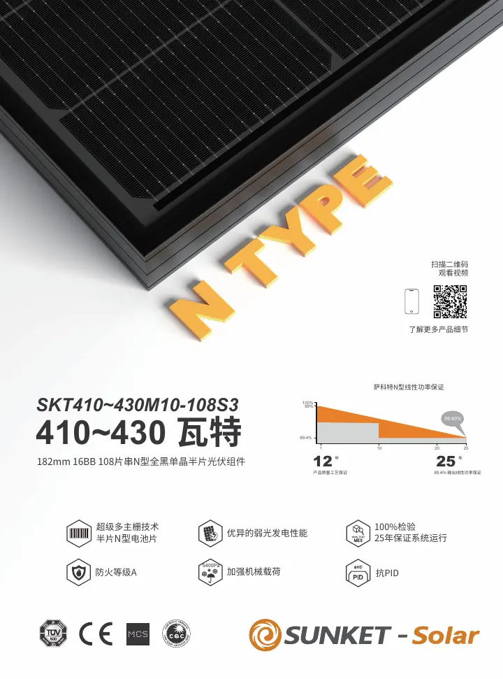 SKT410~430M10-108S3（全黑单玻，⿊⾊背板） 中文技术规格书封面